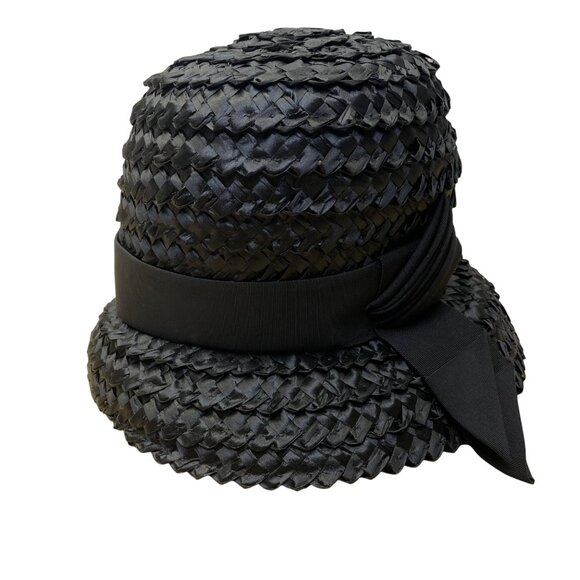 Vintage Amy NY Womens Black Straw Hat Woven Design Medium Julius Garfinkel & Co - Picture 1 of 10